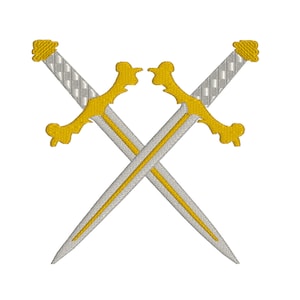 May include: Two crossed swords with gold handles and silver blades.
