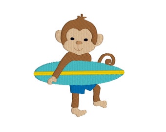 BUY 2, GET 1 FREE - Summer Beach Monkey With Surfboard Machine Embroidery Design in 3 Sizes - 4x4, 5x7, 6x10