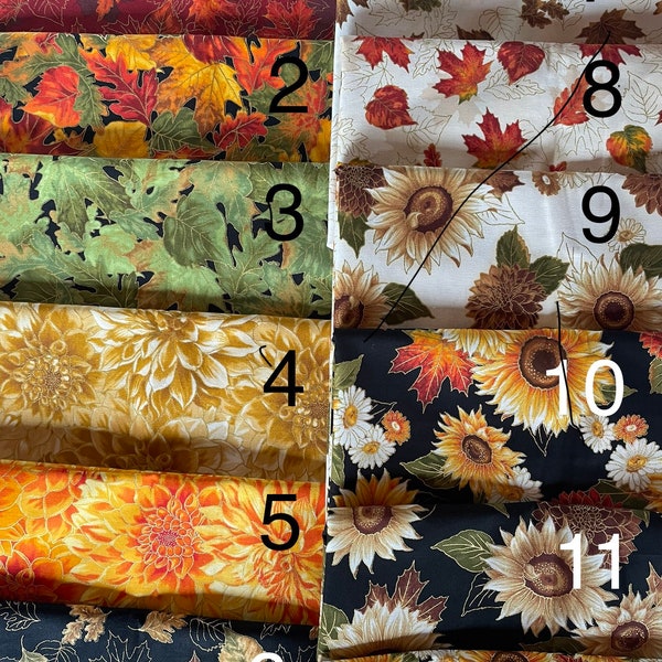 12.95 per yard!  Fall leaves fabric with gold metallic highlights.  Autumn Bouquet Collection by Robert Kaufman 100% cotton fabric BTY.