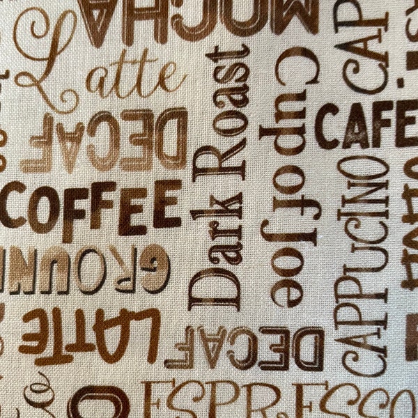 Coffee Shop Verbiage, Dark Roast Words, cappuccino, mocha, latte by Michael Miller Perk Up - 100% Cotton Fabric, Coffee Fabric