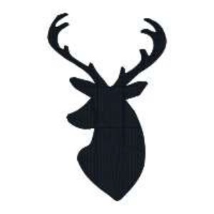 May include: A black silhouette of a deer's head with prominent antlers. The deer's head is facing to the left, with detailed features of the antlers and facial structure. The background is plain white, highlighting the dark form of the deer.
