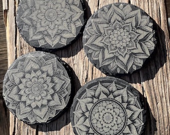 Mandala Coasters made of laser engraved slate stone, Set of 4, 4”x4”, physical product, Round, stone coasters