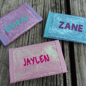 Kids Personalized Wallets, Embroidered, Glitter, Sparkle. Custom, Unicorn, trifold, vinyl, Girl Wallet Boys Wallets Too image 1