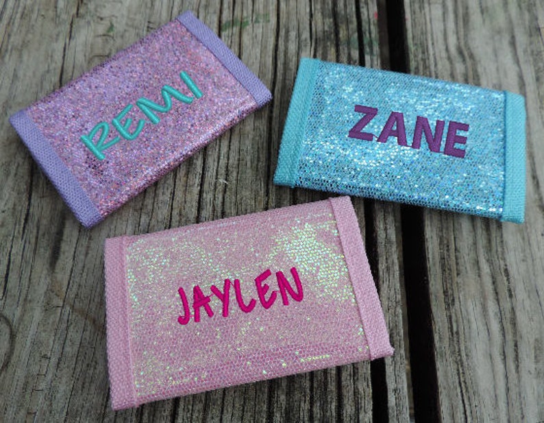 Kids Personalized Wallets, Embroidered, Glitter, Sparkle. Custom, Unicorn, trifold, vinyl, Girl Wallet Boys Wallets Too image 1