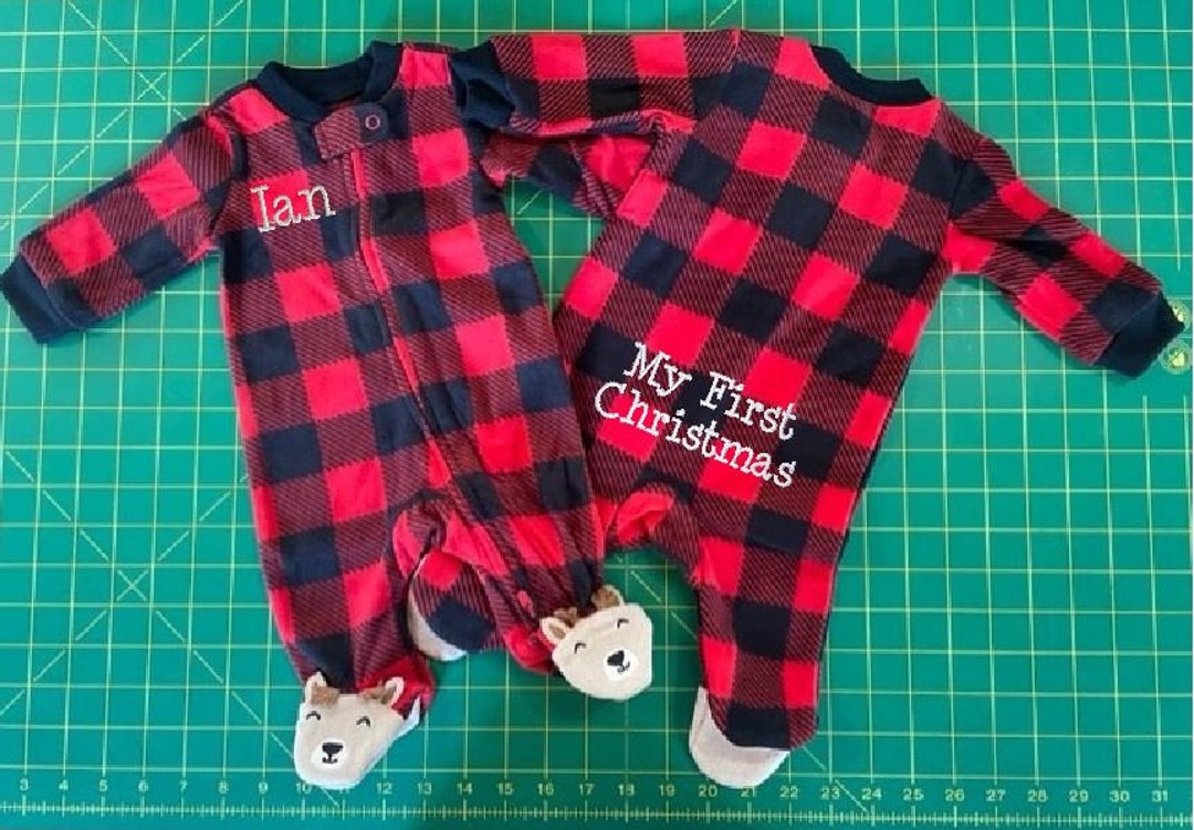 My First Christmas Pajamas Buffalo Plaid Reindeer Custom Personalized
