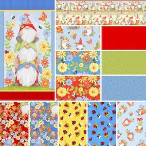 May include: A collection of fabric squares featuring a whimsical gnome theme. The squares feature gnomes, flowers, bees, ladybugs, and a variety of colors, including red, blue, yellow, and green.