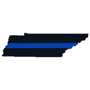 May include: A black outline of the state of Tennessee with a single blue stripe across the middle, representing the thin blue line.