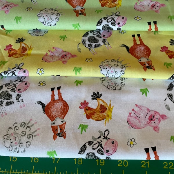 Farm Animal Fabric Collection Tossed Animal Fabric Coloring on the Farm by Crayola and Riley Blake in green, yellow and white