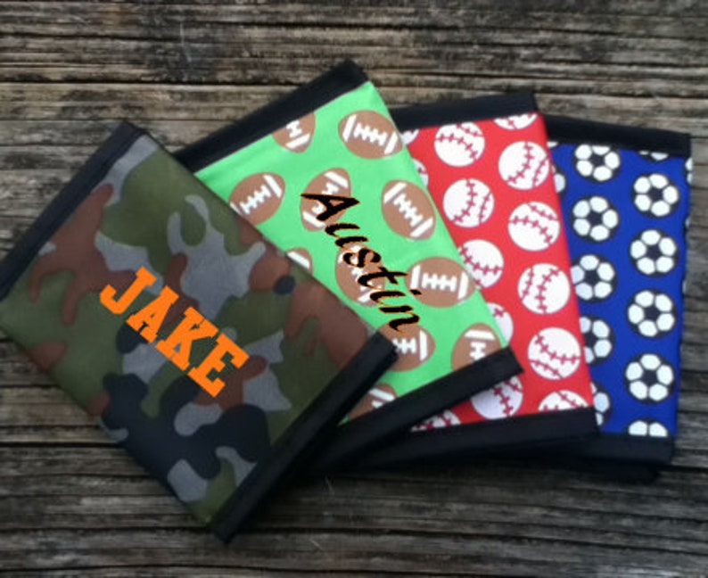 KIDS PERSONALIZED WALLETS - Embroidered Nylon Trifold Camo and Sports, Camouflage, Soccer, Baseball, Football, Basketball, Glitter Wallets 