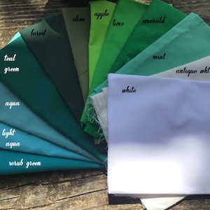 Pu&ograve; includere: Una cartella colori di campioni di tessuto in varie tonalit&agrave; di verde, blu e bianco. I campioni sono etichettati con nomi come "oliva", "mela", "lime", "smeraldo", "foresta", "verde acqua", "acqua", "acqua chiara", "verde scrub", "bianco", "menta" e "bianco antico".
