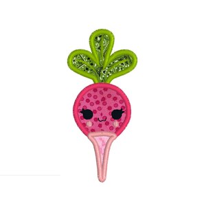 May include: A pink and green cartoon radish with a smiling face and polka dots. The radish has a green leafy top.