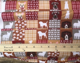 Flannel Fabric BY THE YARD 100% Cotton - Red And Brown Puppies Dogs