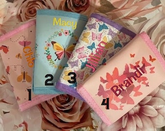 Personalized Wallets for Girls - Butterfly Wallets in Pink, Purple or Blue - Unicorn - Camo, Sports, Football, Basketball, Soccer, Baseball