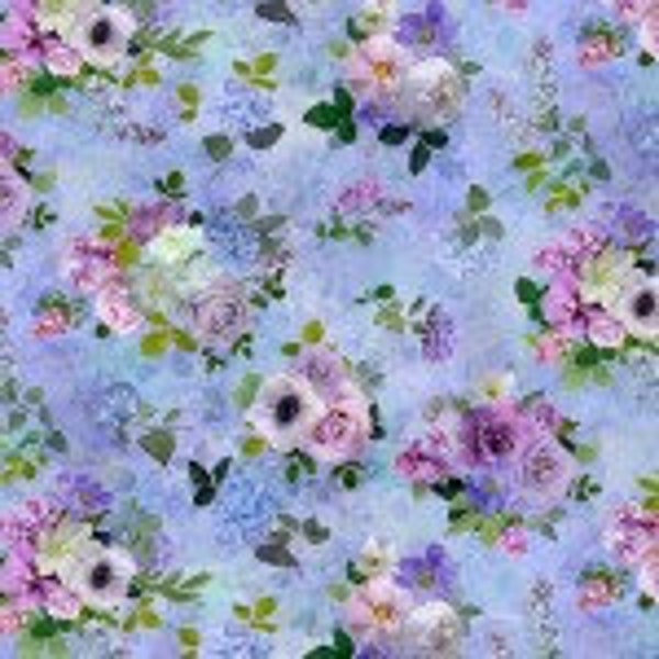 Blue Tossed Floral Bouquet - CD2369 Blue Purple floral fabric Love Letter from Timeless Treasures 100% Cotton