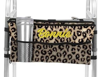 Tote para bolsa de silla de ruedas, estampado de leopardo, regalo personalizado con bordado, carrito para silla de ruedas, bolso de mano para andador, soporte para la Biblia, bolso para silla de ruedas para niños