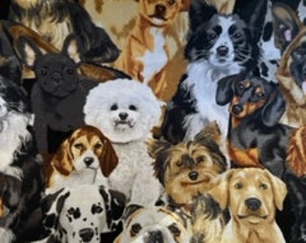 May include: A colorful fabric featuring a variety of dog breeds, including a Dalmatian, a Beagle, a Golden Retriever, a Pug, and a Bichon Frise. The fabric is black with a multi-colored pattern of dogs.