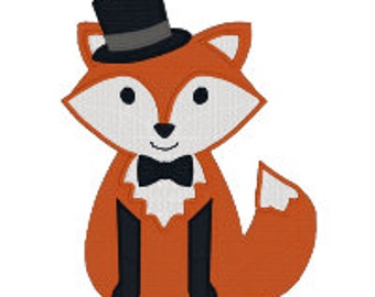 BUY 2, GET 1 FREE - Fox Machine Embroidery Design - Fox with Bowtie, Tophat in 3 Sizes - 4x4, 5x7, 6x10