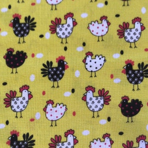 Chicken Fabric 100% Cotton - Cute Premium Quilters’ Cotton - Black, White, Yellow, Red Polka Dots