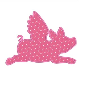 May include: Pink pig with white heart pattern flying with wings. The pig is outlined in pink.