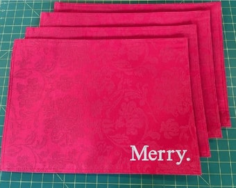 Christmas Placemats - Red Damask Placemats for Christmas with White Embroidery - Set of 2 or Set of 4