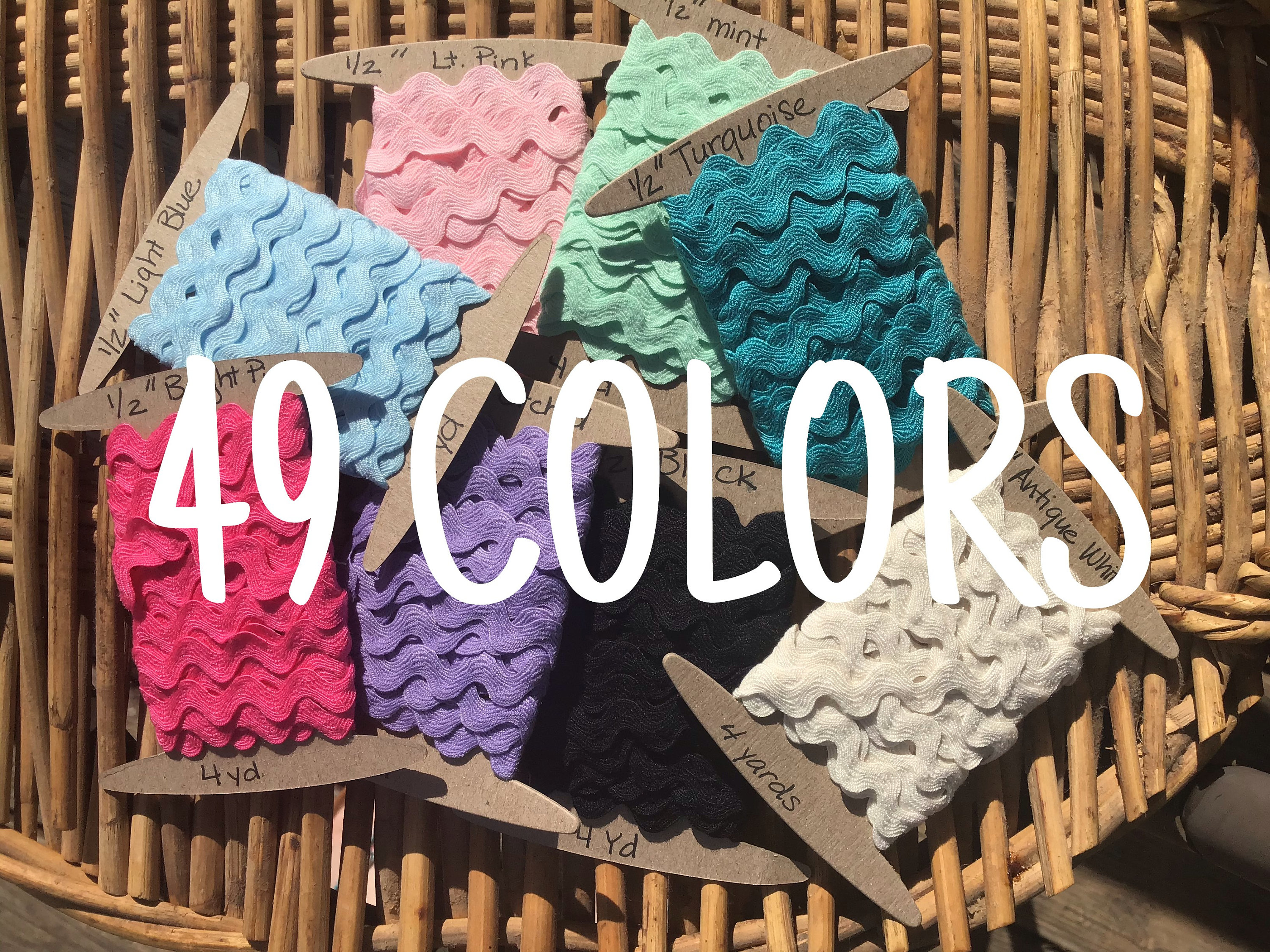 Rick Rack in 49 COLORS - 4 yd cards 1/2 inch Polyester Sewing Trim By the Yard - Wavy Ric Rac Half Inch .5 Inch