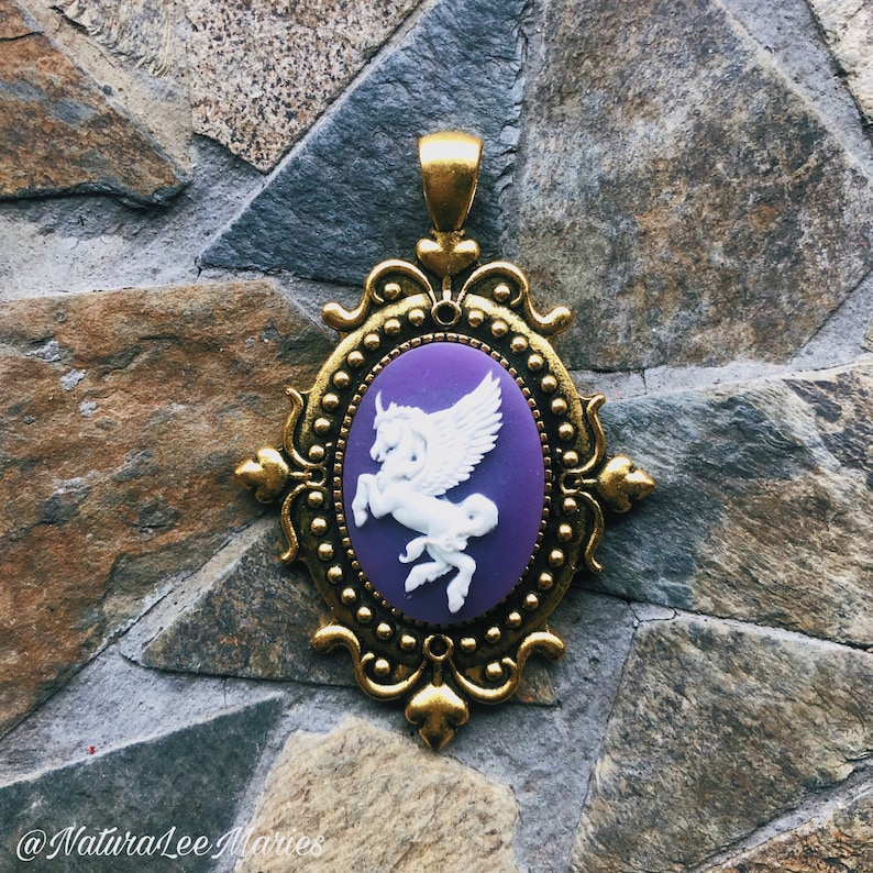 Antique Gold Victorian Metal Purple and White Cameo Unicorn Pegasus Pendant