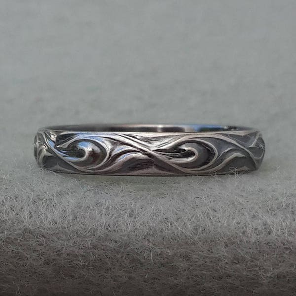 Sterling silver wedding ring, simple paisley band, his and her, mans oxidized silver hippie, ocean wave pattern, US size 6 ready to ship