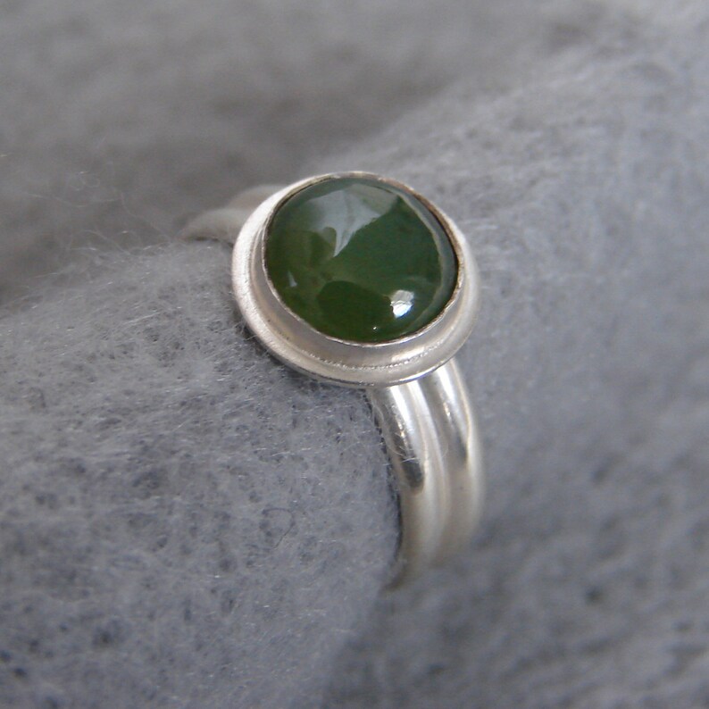 US size 5.75 ready to ship unique organic hand forged setting green nephrite jade cabochon Alabama made Green Jade Sterling Silver Ring