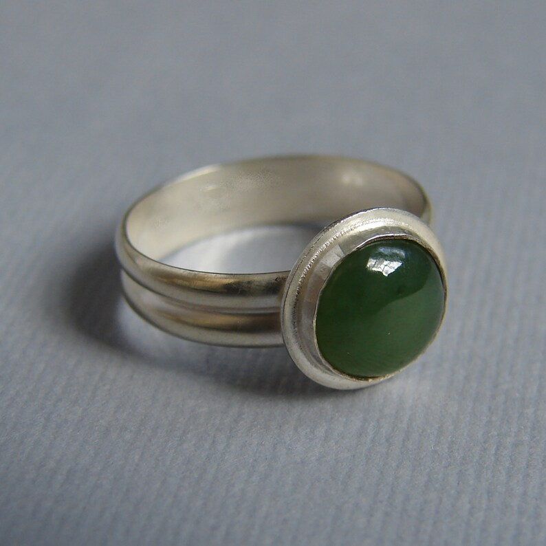 US size 5.75 ready to ship unique organic hand forged setting green nephrite jade cabochon Alabama made Green Jade Sterling Silver Ring