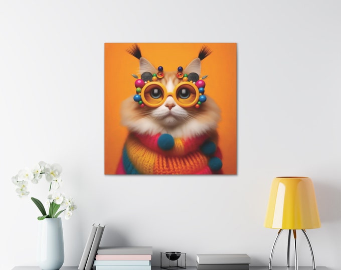 Vibrante arredamento massimalista, eccentrica arte da parete su tela, ritratto giocoso del gatto domestico, regalo per l'amante dei gatti arancioni, Meowsterpiece