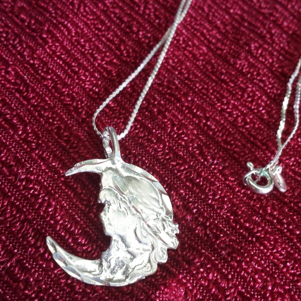 Vintage Sterling Silver Girl Profile on Crescent Moon Pendant and Chain