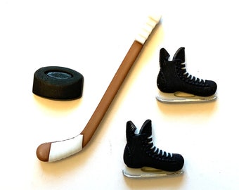 Hockey Buttons Collection Puck Stick Skate Set of 4  Shank Flat Back Choice - 1301
