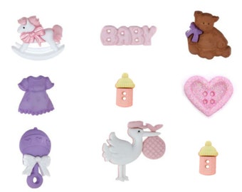 Baby Girl Buttons Collection New Arrival Girl Set of 9 Shank Flat & Sew Thru Jesse James Dress It Up Buttons Heart Horse Bottle - 103