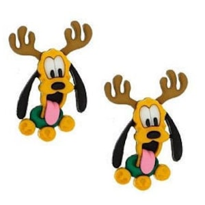 May include: Two cartoon-style Pluto dog figures with antlers, yellow bodies, black ears, and tongues sticking out. Each figure has a green collar and yellow feet. The background is white.