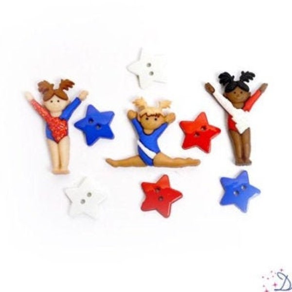 Tiny Tumblers Buttons Collection Gymnast Stars Set of 9 Shank Back & Sew Thru Jesse James Buttons Gymnastic - 1299