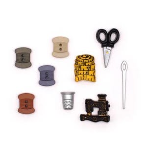 May include: Assorted sewing-themed embellishments, including spools, a measuring tape, scissors, a needle, a thimble, and a sewing machine. The spools are in various colors, and the measuring tape is yellow. The scissors are black and silver.