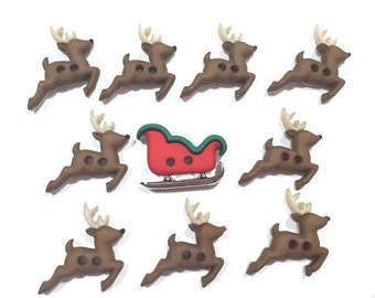 Sew Cute Sleigh/Reindeer Christmas Button Collection Set of 10 Two Hole Sew Thru Jesse James Buttons - 664