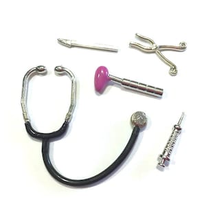 Miniature Doctor Set of 5 Dollhouse Medical Miniatures Stethoscope Moveable Syringe Scalpel Forceps - 373