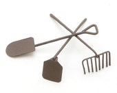 Miniature Garden Tools (3.5 quot ) Rake Hoe Shovel Rusty Metal Set of 3 Terrarium Planters Fairy Garden Dollhouse Minatures Craft Supply - 431
