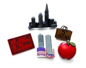 New York City Collection Set of 5 Shank Flat Back Apple Skyline Twin Towers 5th Ave Postcard Jesse James Buttons - 1487