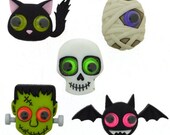 Halloween Button Collection Jeepers Peepers Set of 5 Shank Back Dress It Up Buttons Jesse James Buttons Frankenstein Cat Bat Mummy - H110