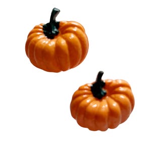 May include: Two miniature orange pumpkins with green stems. The pumpkins have a ribbed texture and are set against a white background. These decorative pumpkins are perfect for fall-themed crafts and decorations.