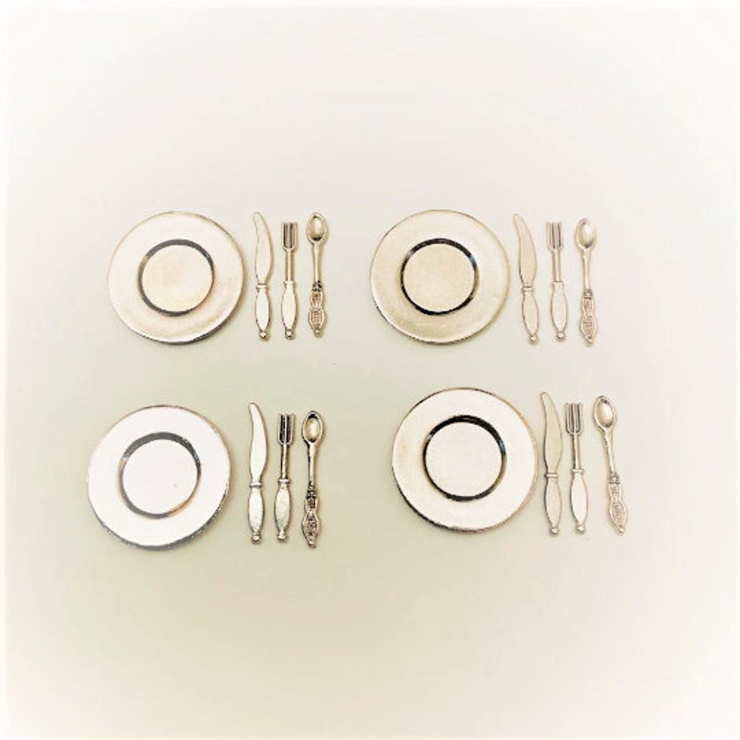 Miniature Silver Place Settings Collection Set of 16 Dollhouse Food