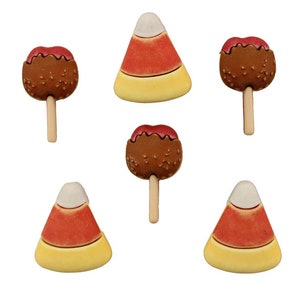 Halloween Buttons Galore Collection Candy Corn Carmel Apple No Tricks Only Treats 3D Set of 6 Shank Back - H103