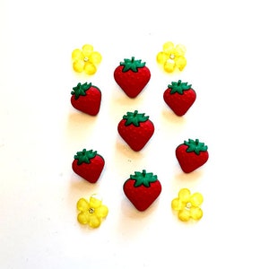 Fresh Strawberries Buttons Collection Set of 11 Shank Back Strawberry & Flat Back Flowers Jesse James Dress It Up Buttons - 208