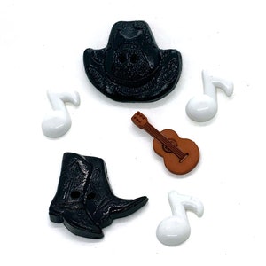 Country Music Buttons Galore Collection Hat Boots Guitar Notes Set of 6 Shank & Flat Backs Sew Thru - 1335