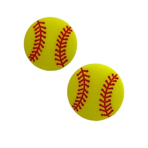 May include: Two yellow softballs with red stitching. The softballs are round and have a classic design, with the red stitching creating a visual contrast against the yellow background. The softballs are set against a white background.