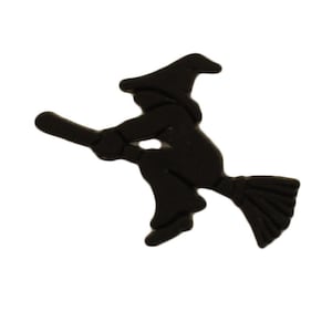May include: A black silhouette of a witch riding a broomstick. The witch is wearing a pointed hat and is seated on the broom, which is angled upwards. The image is set against a white background, creating a stark contrast.