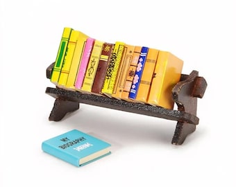 May include: A miniature dark brown wooden bookshelf holding a row of ten colorful books with various spine designs. A single light blue book with the text "MY BIOGRAPHY" printed in black on the front cover is placed in front of the bookshelf.