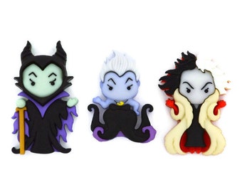 Disney Villains Buttons Collection Ursula Cruella Devil de Vil Maleficent Set of 3 Shank Back Licensed Jesse James Dress It Up Buttons - D14